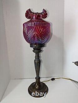 VTG Rare Fenton Ruby Red Carnival Iridescent BEAUTY Art Glass Pillar Lamp