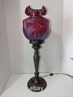 VTG Rare Fenton Ruby Red Carnival Iridescent BEAUTY Art Glass Pillar Lamp