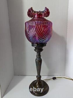 VTG Rare Fenton Ruby Red Carnival Iridescent BEAUTY Art Glass Pillar Lamp