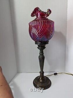 VTG Rare Fenton Ruby Red Carnival Iridescent BEAUTY Art Glass Pillar Lamp