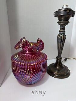 VTG Rare Fenton Ruby Red Carnival Iridescent BEAUTY Art Glass Pillar Lamp