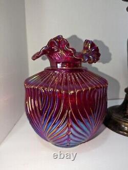 VTG Rare Fenton Ruby Red Carnival Iridescent BEAUTY Art Glass Pillar Lamp