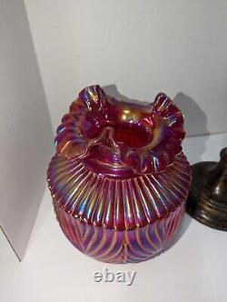 VTG Rare Fenton Ruby Red Carnival Iridescent BEAUTY Art Glass Pillar Lamp