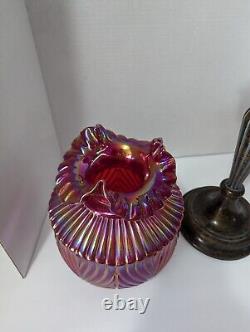 VTG Rare Fenton Ruby Red Carnival Iridescent BEAUTY Art Glass Pillar Lamp