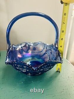 VTG Rare Large Iridescent Cobalt Blue Carnival Glass Sunburst Basket L. E. Smith