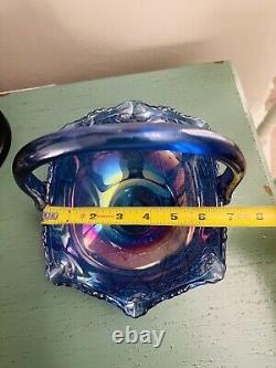 VTG Rare Large Iridescent Cobalt Blue Carnival Glass Sunburst Basket L. E. Smith