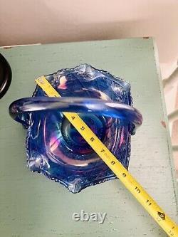 VTG Rare Large Iridescent Cobalt Blue Carnival Glass Sunburst Basket L. E. Smith