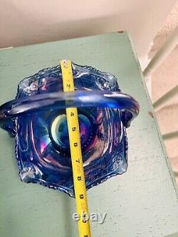 VTG Rare Large Iridescent Cobalt Blue Carnival Glass Sunburst Basket L. E. Smith