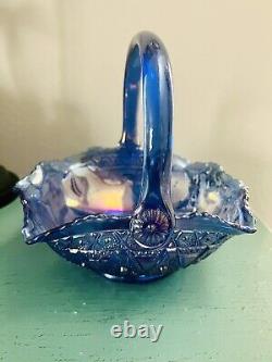 VTG Rare Large Iridescent Cobalt Blue Carnival Glass Sunburst Basket L. E. Smith