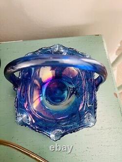 VTG Rare Large Iridescent Cobalt Blue Carnival Glass Sunburst Basket L. E. Smith