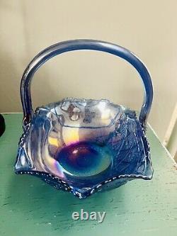 VTG Rare Large Iridescent Cobalt Blue Carnival Glass Sunburst Basket L. E. Smith