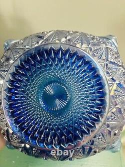 VTG Rare Large Iridescent Cobalt Blue Carnival Glass Sunburst Basket L. E. Smith