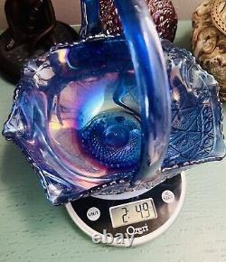 VTG Rare Large Iridescent Cobalt Blue Carnival Glass Sunburst Basket L. E. Smith