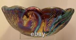 Very Rare Le Smith Tiara Carnival Glass Swan Serenade Iridescent Bowl 10 Across