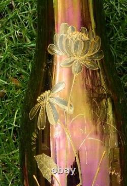 Victorian Art Glass Amethyst Iridescent Carnival Vase Flowers Handpainted 12