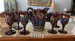 Vintage 1974 Indiana Glass Iridescent Amethyst Pitcher with 6 Goblets