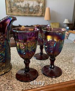 Vintage 1974 Indiana Glass Iridescent Amethyst Pitcher with 6 Goblets