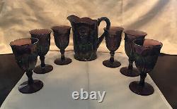 Vintage 1974 Indiana Glass Iridescent Amethyst Pitcher with 6 Goblets