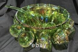 Vintage 26 Pc Iridescent Lime Carnival Glass Princess Punch Bowl Set By Indiana