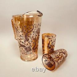 Vintage 40s 50s Jeanette Marigold Carnival Glass Pitcher Set Iridescent Cosmos