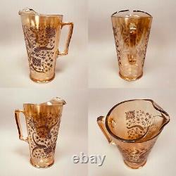 Vintage 40s 50s Jeanette Marigold Carnival Glass Pitcher Set Iridescent Cosmos