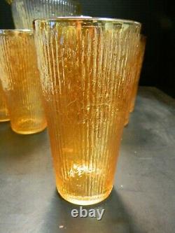 Vintage (9) Pcs Iridescent Marigold Tree Bark Carnival Glass Pitcher Set Excell