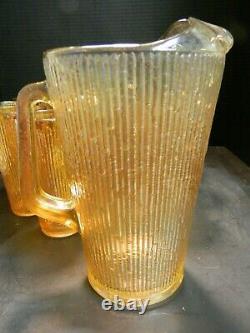 Vintage (9) Pcs Iridescent Marigold Tree Bark Carnival Glass Pitcher Set Excell