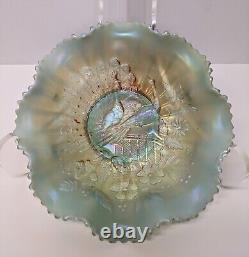 Vintage Aqua Opalescent Northwood Carnival Glass Peacocks on the Fence Bowl