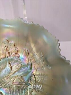 Vintage Aqua Opalescent Northwood Carnival Glass Peacocks on the Fence Bowl