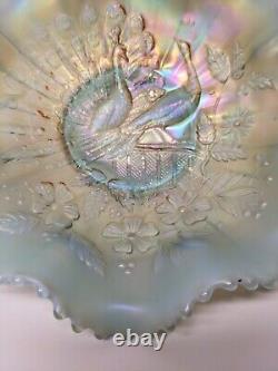 Vintage Aqua Opalescent Northwood Carnival Glass Peacocks on the Fence Bowl