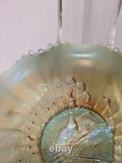 Vintage Aqua Opalescent Northwood Carnival Glass Peacocks on the Fence Bowl