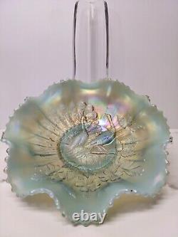 Vintage Aqua Opalescent Northwood Carnival Glass Peacocks on the Fence Bowl