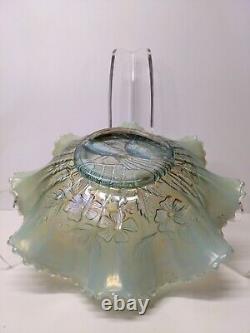 Vintage Aqua Opalescent Northwood Carnival Glass Peacocks on the Fence Bowl