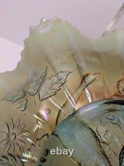 Vintage Aqua Opalescent Northwood Carnival Glass Peacocks on the Fence Bowl