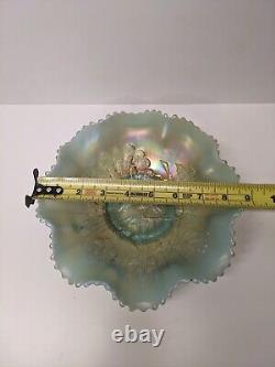 Vintage Aqua Opalescent Northwood Carnival Glass Peacocks on the Fence Bowl