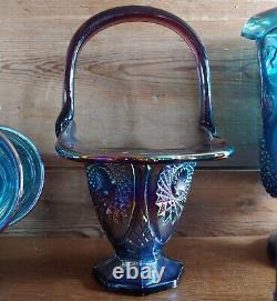 Vintage Blue Carnival Glass, Iridescent Amethyst Glass Serve ware-Many pieces