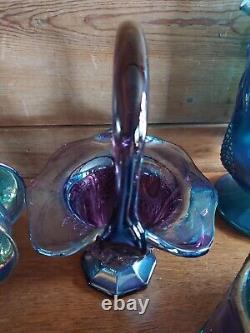 Vintage Blue Carnival Glass, Iridescent Amethyst Glass Serve ware-Many pieces