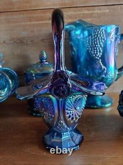 Vintage Blue Carnival Glass, Iridescent Amethyst Glass Serve ware-Many pieces