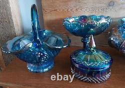 Vintage Blue Carnival Glass, Iridescent Amethyst Glass Serve ware-Many pieces