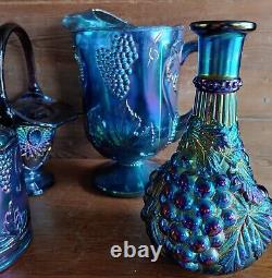 Vintage Blue Carnival Glass, Iridescent Amethyst Glass Serve ware-Many pieces