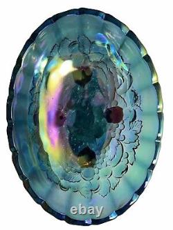 Vintage Blue Carnival Glass Iridescent Finish Large Footed Oval Fruit Bowl