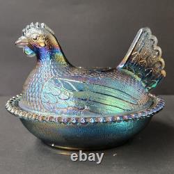 Vintage Blue Carnival Glass Iridescent Hen On Nest FREE Shipping