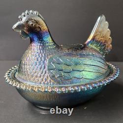 Vintage Blue Carnival Glass Iridescent Hen On Nest FREE Shipping