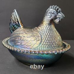 Vintage Blue Carnival Glass Iridescent Hen On Nest FREE Shipping