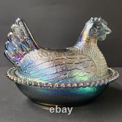 Vintage Blue Carnival Glass Iridescent Hen On Nest FREE Shipping