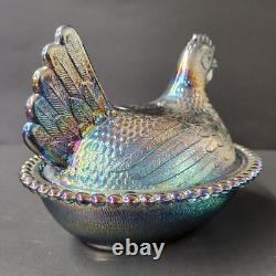 Vintage Blue Carnival Glass Iridescent Hen On Nest FREE Shipping