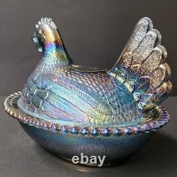 Vintage Blue Carnival Glass Iridescent Hen On Nest FREE Shipping