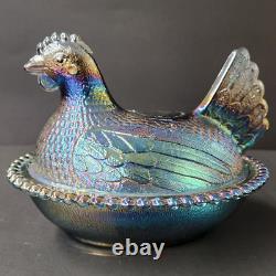 Vintage Blue Carnival Glass Iridescent Hen On Nest FREE Shipping