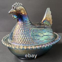 Vintage Blue Carnival Glass Iridescent Hen On Nest FREE Shipping