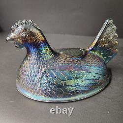 Vintage Blue Carnival Glass Iridescent Hen On Nest FREE Shipping